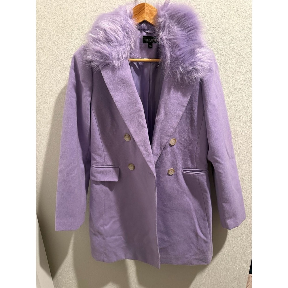 Topshop Lavender Purple Faux Fur Collar Double Breasted Pea Coat Womens Size 6